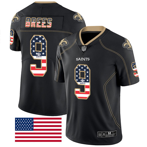 Men New Orleans Saints Limited Black Drew Brees Jersey NFL Football #9 Rush USA Flag Jersey